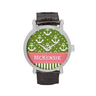 Preppy Pink and Green Anchor Nautical Wrist Watch