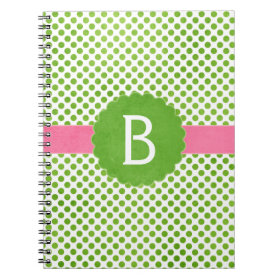 Preppy Pink and Green Monogram Polka Dots Spiral Notebook