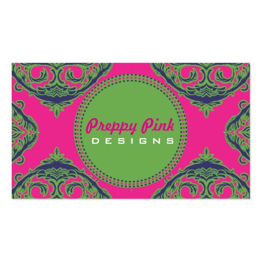 Preppy Pink Damask Business Card Template (front side)