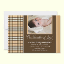 Preppy Plaid Baby Birth Announcement (peach) invitations