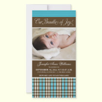 Preppy Plaid Birth Announcement (aqua) photo cards