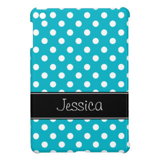 Preppy Teal Blue and Black Polka Dots Personalized Cover For The iPad Mini