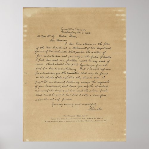 President Abraham Lincoln's Letter to Mrs. Bixby print
