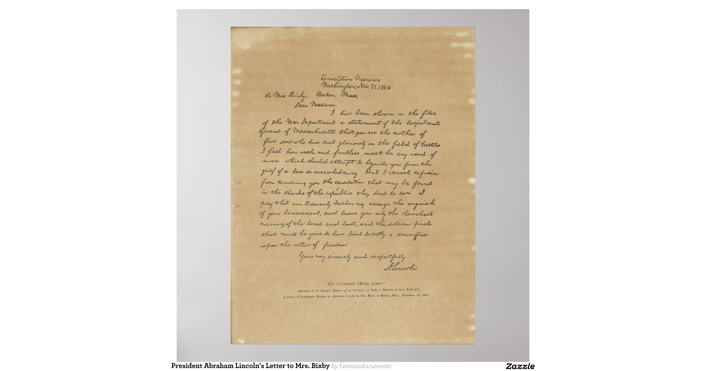 President abraham lincolns letter to mrs bixby poster 