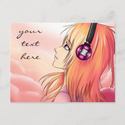 anime girls with music. Pretty anime girl listening to music post card by RoseRoom. Pretty anime girl with headphones in pink tones on a post card for your text.