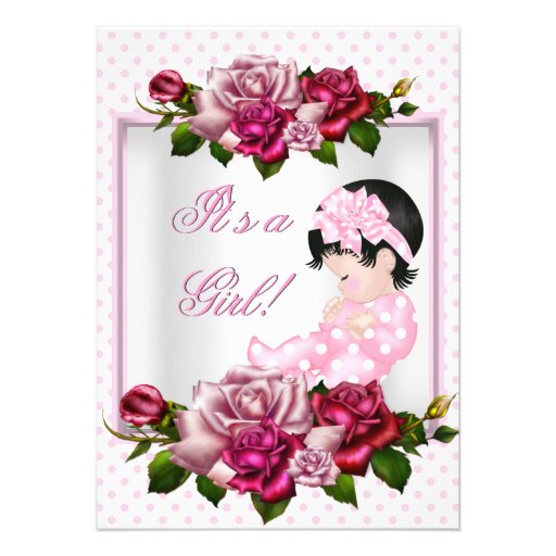 Pretty Baby Shower Cute Girl Pink Roses Polka Dots Personalized Invitations