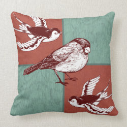 Pretty Birds Sparrows Red Blue Color Block Design Throw Pillow