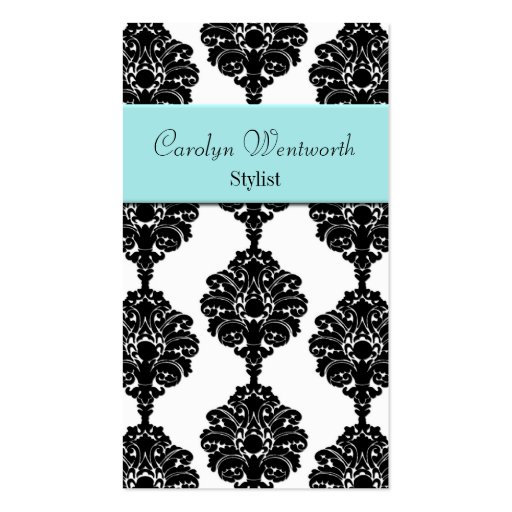 Pretty Black, white and Aqua Damask Business Card (front side)