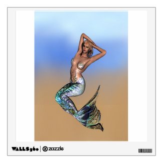 Pretty blonde mermaid laying on the beach wall graphic