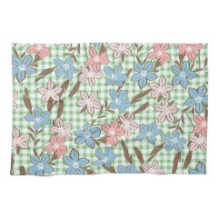 Pretty Blue and Pink Flowers on Green Plaid Towels