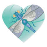 pretty blue dragonfly on leaf heart sticker