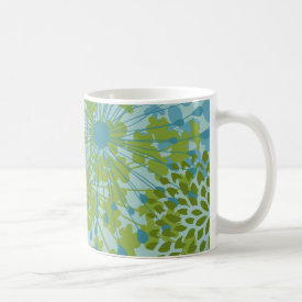Pretty Blue Green Flower Floral Line Art Pattern Coffee Mugs