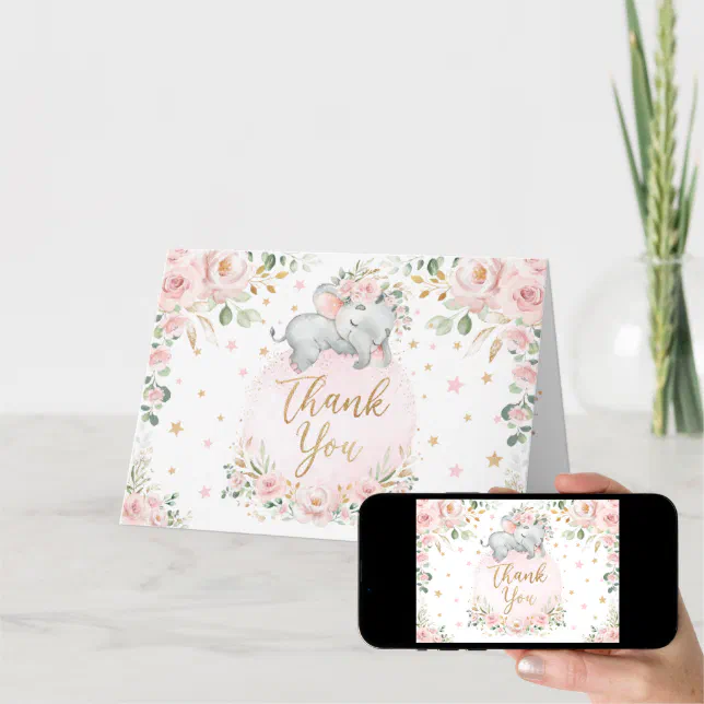 Pretty Blush Floral Elephant Baby Shower Thank You Card Zazzle