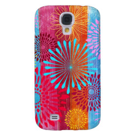 Pretty Bold Colorful Flower Bursts on Wide Stripes Samsung Galaxy S4 Covers