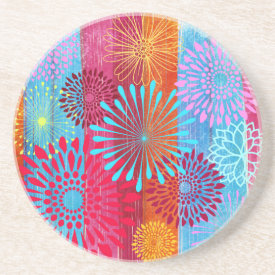 Pretty Bold Colorful Flower Bursts on Wide Stripes Beverage Coaster
