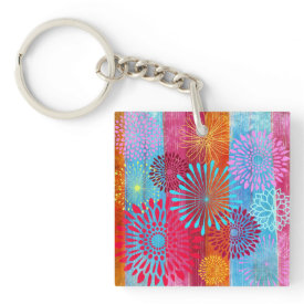 Pretty Bold Colorful Flower Bursts on Wide Stripes Acrylic Keychain
