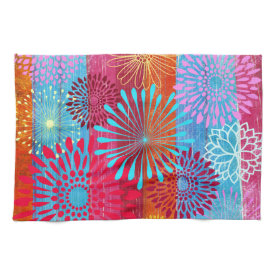 Pretty Bold Colorful Flower Bursts on Wide Stripes Kitchen Towel