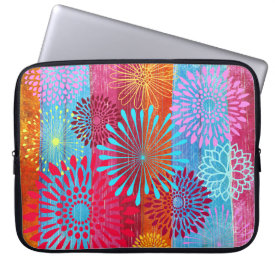Pretty Bold Colorful Flower Bursts on Wide Stripes Laptop Computer Sleeve