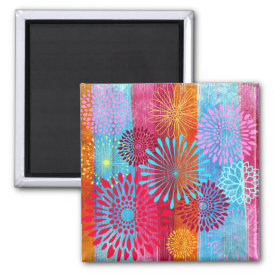 Pretty Bold Colorful Flower Bursts on Wide Stripes Refrigerator Magnet
