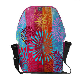Pretty Bold Colorful Flower Bursts on Wide Stripes Messenger Bag