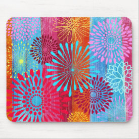 Pretty Bold Colorful Flower Bursts on Wide Stripes Mousepads