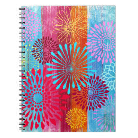 Pretty Bold Colorful Flower Bursts on Wide Stripes Spiral Note Book