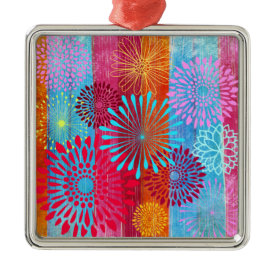 Pretty Bold Colorful Flower Bursts on Wide Stripes Ornaments
