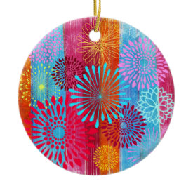 Pretty Bold Colorful Flower Bursts on Wide Stripes Christmas Tree Ornaments
