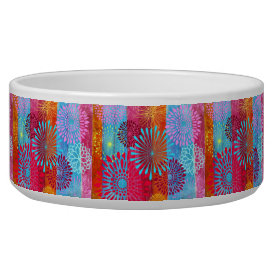 Pretty Bold Colorful Flower Bursts on Wide Stripes Dog Water Bowl