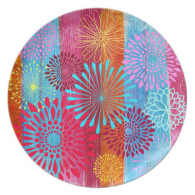 Pretty Bold Colorful Flower Bursts on Wide Stripes Party Plate