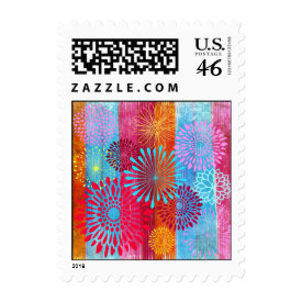 Pretty Bold Colorful Flower Bursts on Wide Stripes Stamps