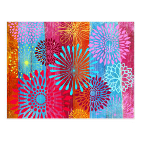 Pretty Bold Colorful Flower Bursts on Wide Stripes Post Cards