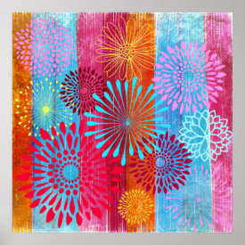 Pretty Bold Colorful Flower Bursts on Wide Stripes Poster