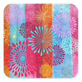 Pretty Bold Colorful Flower Bursts on Wide Stripes Square Stickers