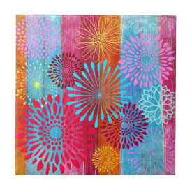 Pretty Bold Colorful Flower Bursts on Wide Stripes Tiles