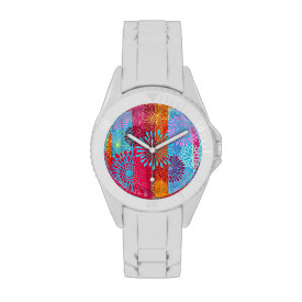 Pretty Bold Colorful Flower Bursts on Wide Stripes Wrist Watches
