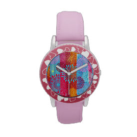 Pretty Bold Colorful Flower Bursts on Wide Stripes Watches