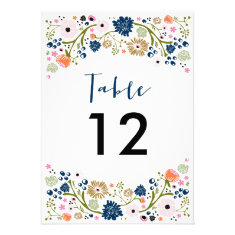Pretty Bouquet Wedding Table Number Invite Navy