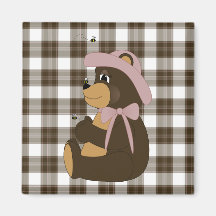 Pretty Brown Bear Brown Plaid Magnet