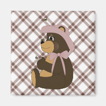 Pretty Brown Bear Pink Plaid Magnet