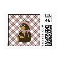 Pretty Brown Bear Pink Plaid Stamps stamps