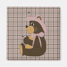 Pretty Brown Bear Rose Plaid Magnet