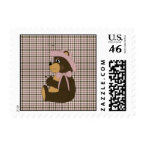 Pretty Brown Bear Rose Plaid Stamps stamps