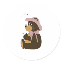 Pretty Brown Bear With Bees Round Stickers
