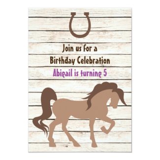 Pretty Brown Horse and Barn Wood Girls Birthday 5x7 Paper Invitation Card