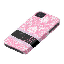 Pretty Bubblegum Pink and white damask w/ monogram Case-Mate iPhone 4 Cases