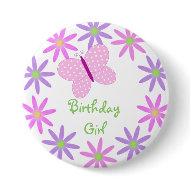 Pretty Butterfly and Flower Birthday Girl Button button