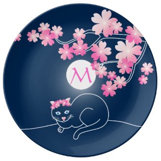 Pretty Cat Cherry Blossoms Night Pink Blue Sakura Porcelain Plates