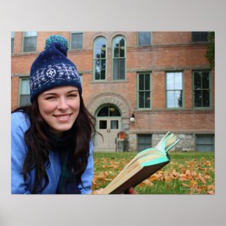 Pretty college student studying in autumn leaves print