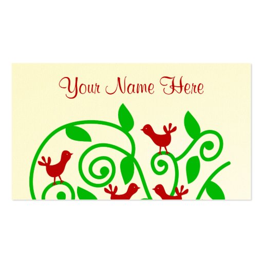 Pretty Cute and Chic Swirly Tree Bush Birds Design Business Card (front side)